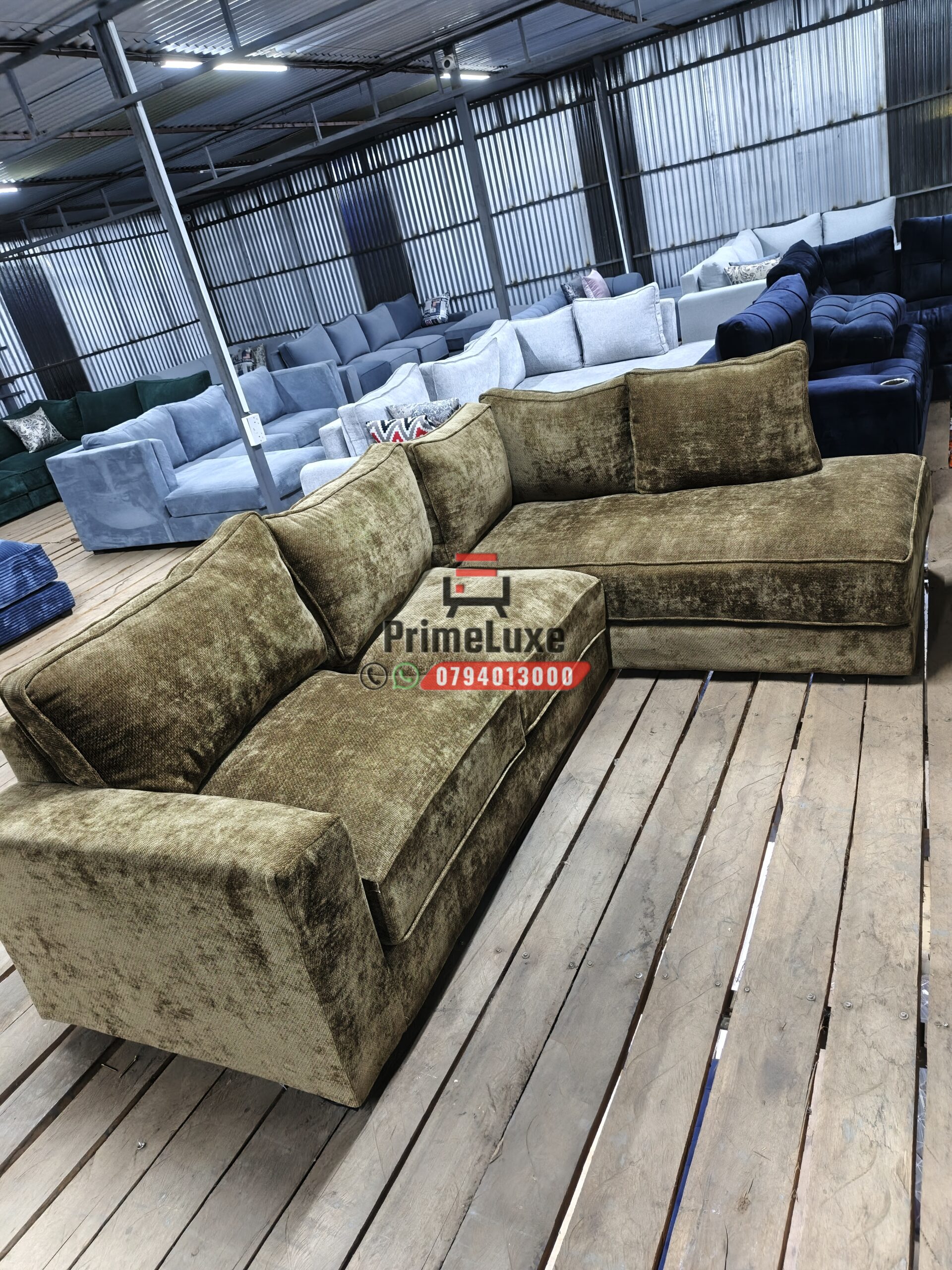 Olive Green 6 seater L-sofa