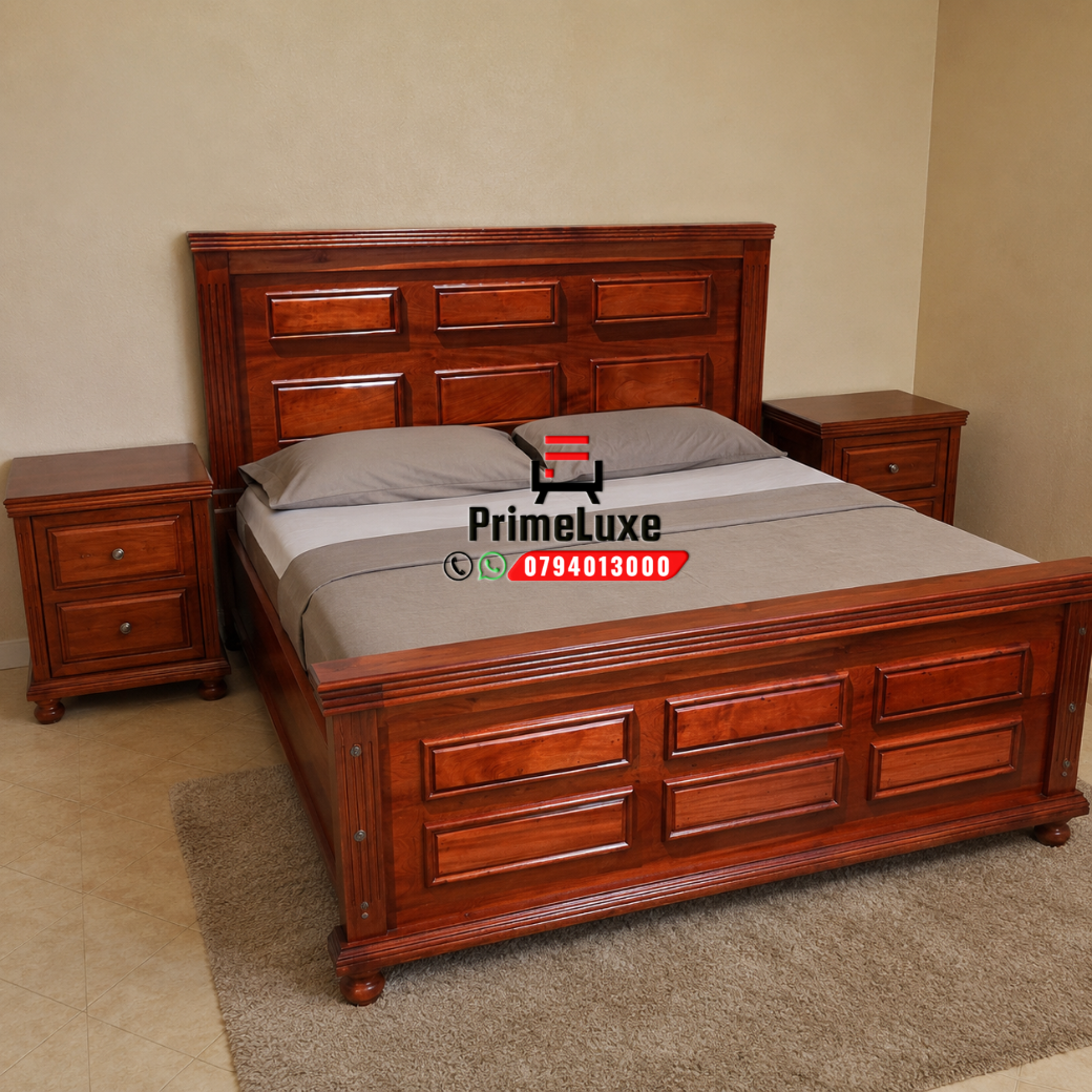 Panel solid mahogany bed + side drawers