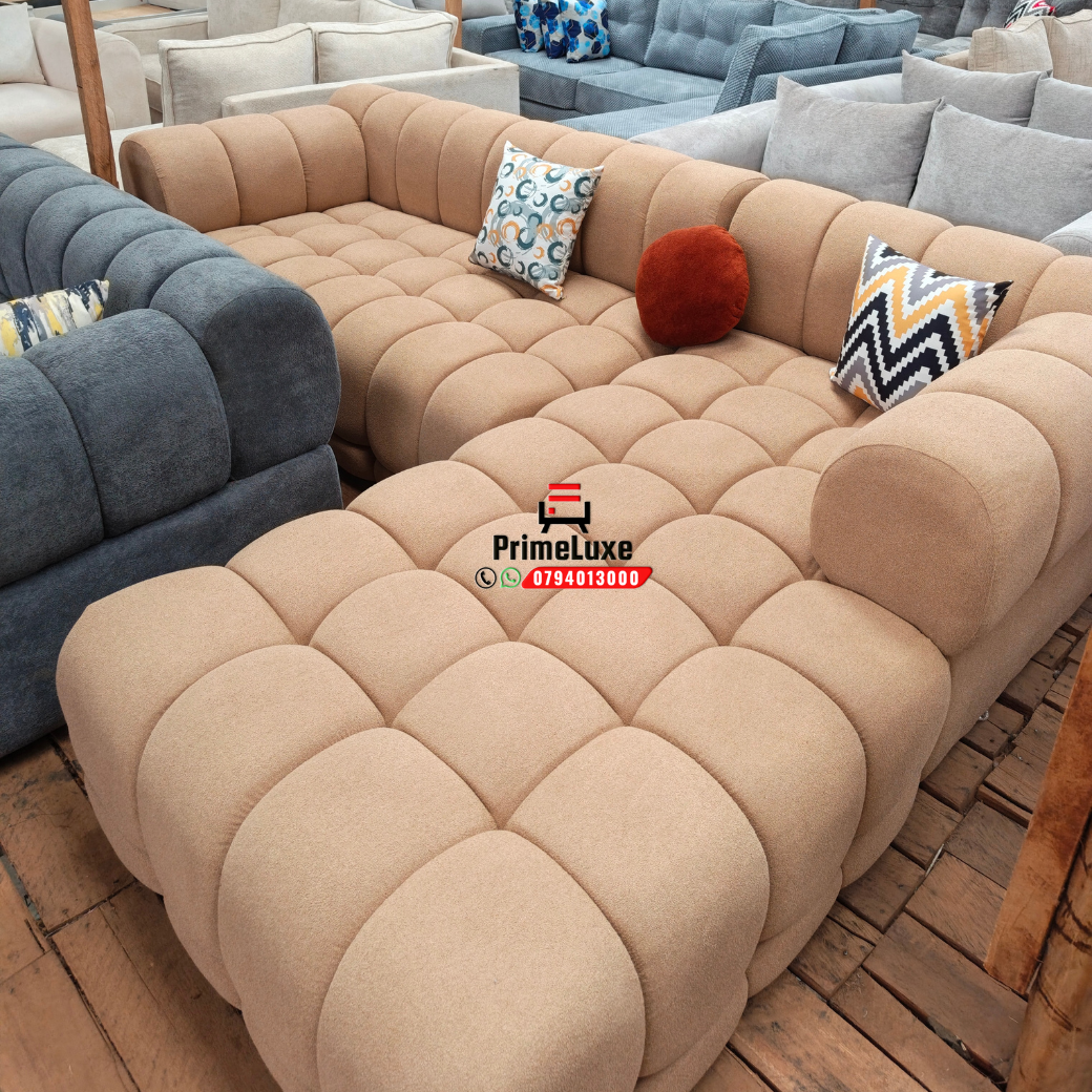 Warm beige premium fabric bubble Lshape sofa